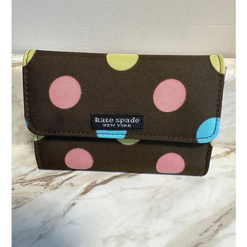 Kate Spade NY Vintage 90s Y2K Chocolate Brown Polka Dot Trifold Nylon Wallet